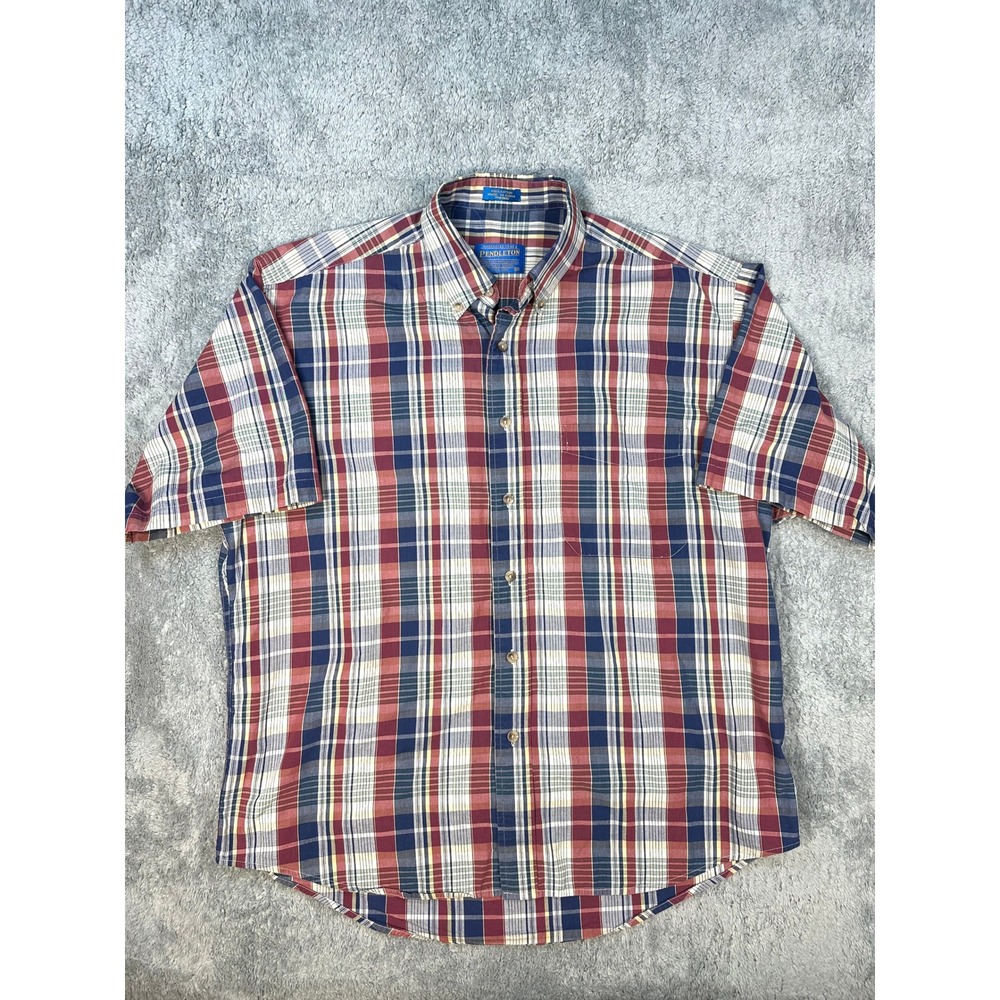 Pendleton Red White blue Plaid mens M vintage short sleeve cotton button down
